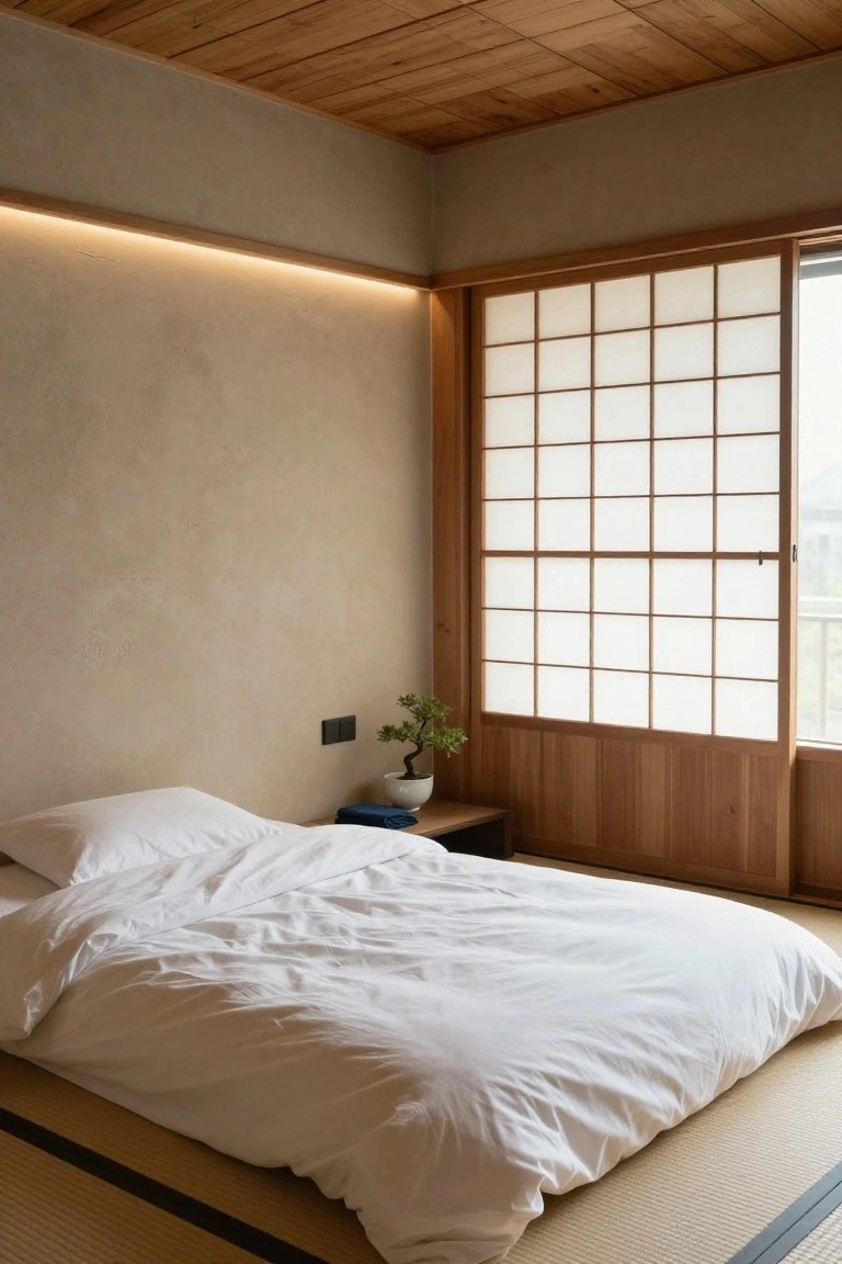 A minimalist bedroom with tan tatami floor mats, low white duvet bed, shoji screen windows with wooden frames, beige textured walls, wooden ceiling beams, and a bonsai plant in a white pot on a low wooden table.