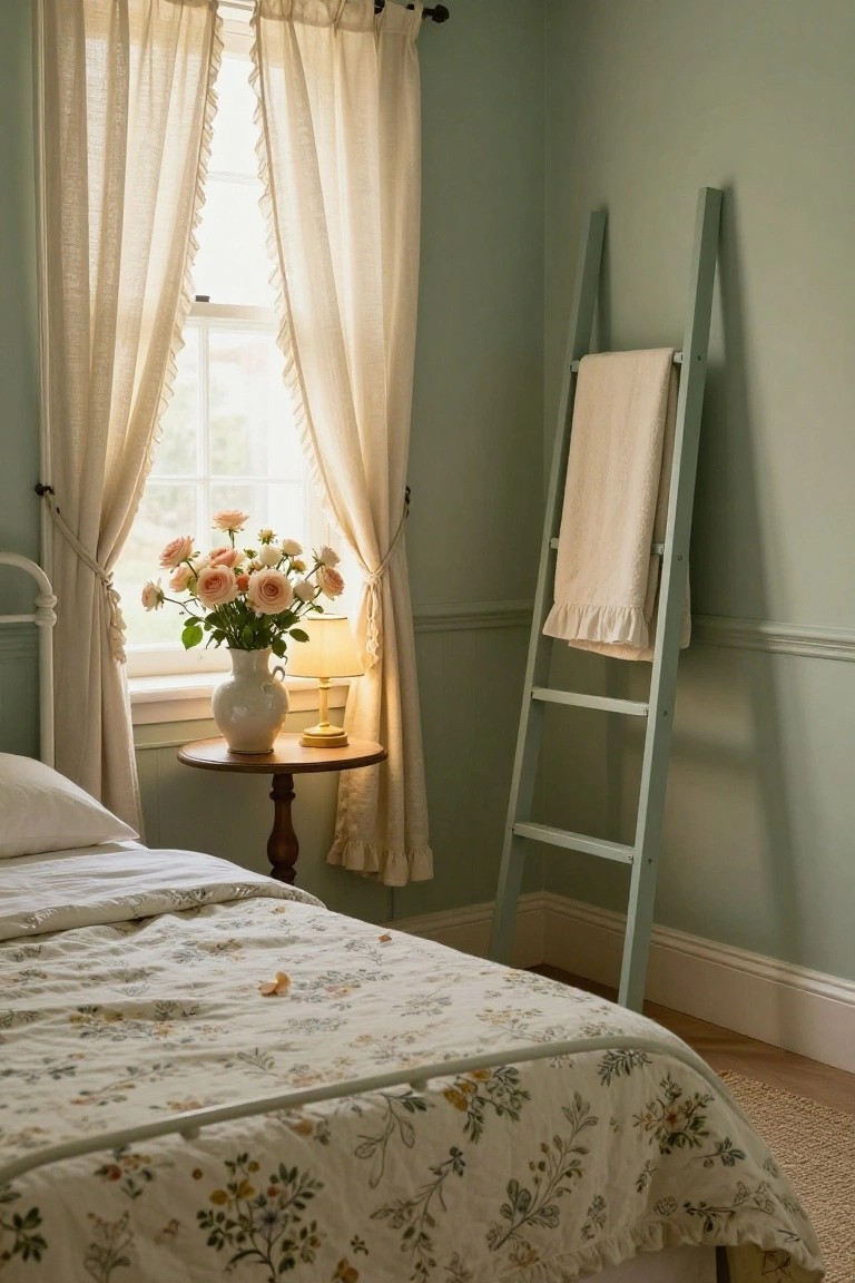Sage green bedroom featuring a white iron bed with floral bedding, a round wooden table holding a white vase of pink roses and a lamp, sheer ruffled curtains on a window, and a matching green ladder rack draped with white towels.