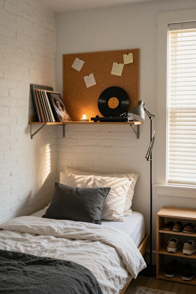 Small bedroom corner with exposed white brick walls, wooden floating shelves holding vinyl records, books, and a record player, corkboard with sticky notes, bed with neutral gray and white linens, and wooden shoe rack next to it.