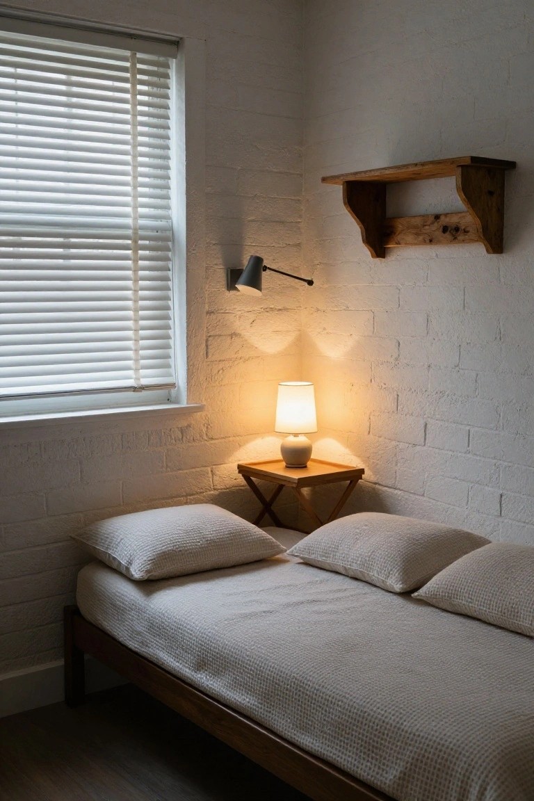 A small bedroom with white brick walls, a wooden daybed covered in white textured linens, wooden side table with ceramic lamp, wooden wall shelf, adjustable wall lamp, and white window blinds.