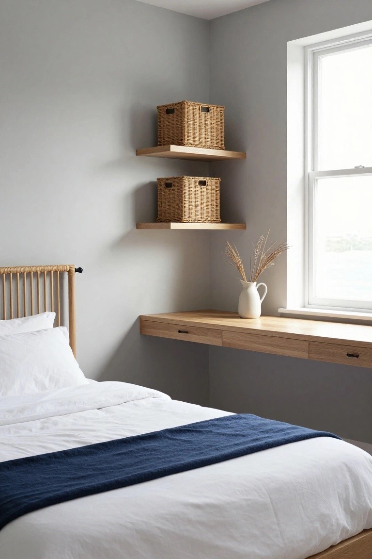 Bedroom corner with light gray walls, floating oak shelves holding four wicker baskets, floating oak desk with drawers, white vase of dried grasses on desk, oak bed frame with white bedding and navy throw, large window showing water view.