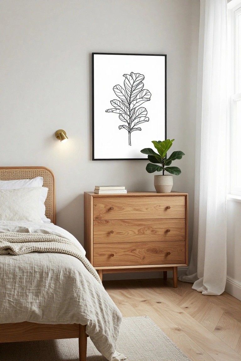 A minimalist bedroom corner with a rattan bed frame, white linen bedding, light wood dresser topped with stacked books and a potted fiddle leaf fig, black-framed line drawing poster of leaves on the wall, gold wall lamp lit, sheer curtain on window, and light oak floor.