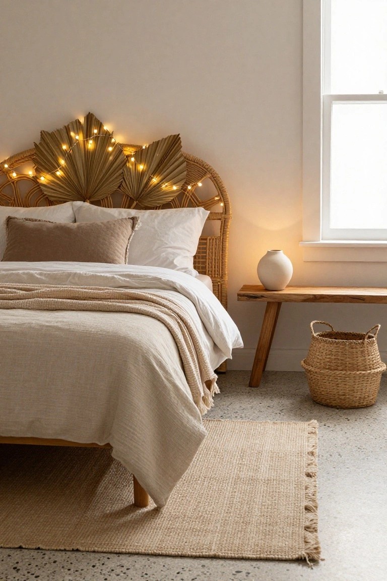 A bedroom with a rattan headboard decorated with palm leaves and fairy lights, white and beige bedding, a wooden bench with a white vase and seagrass basket beside it, and a seagrass rug on a concrete floor next to a window.