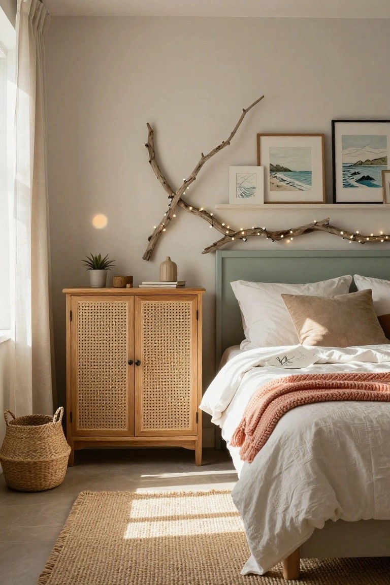 Bedroom with white bed and peach throw, sage green headboard, rattan wardrobe with seagrass basket below, potted plant on top, and driftwood branch with fairy lights on beige wall above framed coastal paintings.