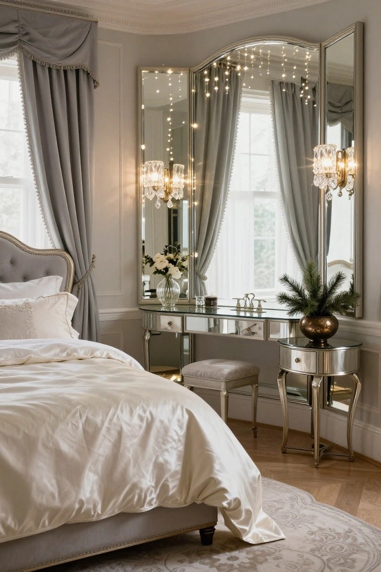 A bedroom with a tufted gray headboard bed, large arched mirror surrounded by fairy lights, glass-topped vanity with drawers, small Christmas tree, and gray curtains on windows.