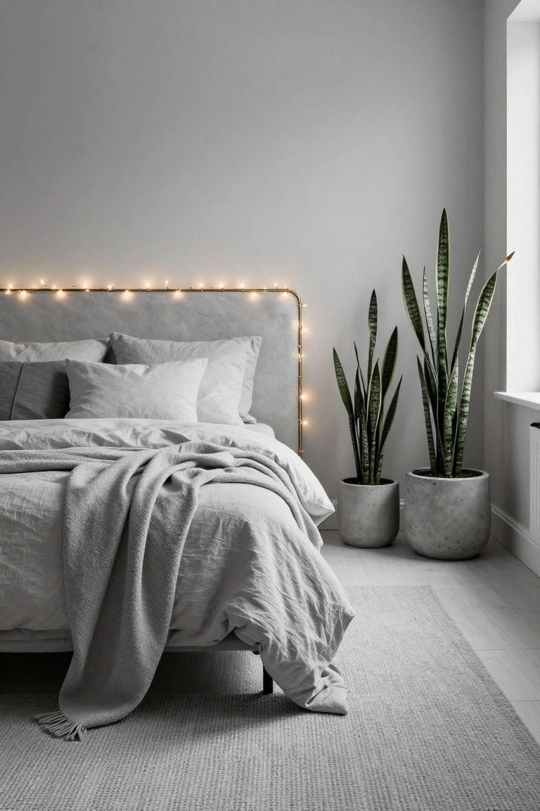 Minimalist bedroom with gray bedding, string lights, and snake plants.