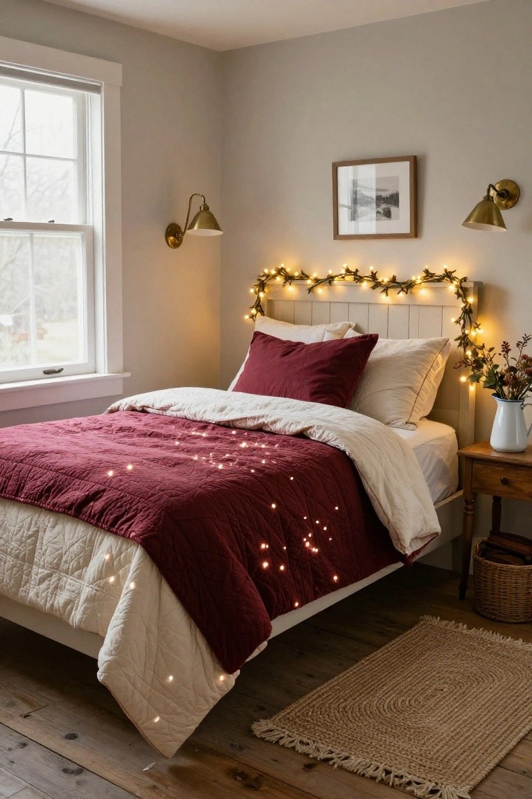 Bedroom with white paneled headboard draped in fairy lights and greenery, burgundy quilted bedcover, white duvet, brass wall sconces, framed photo, side table with white vase of dried flowers, seagrass rug, and window showing snowy outdoors.