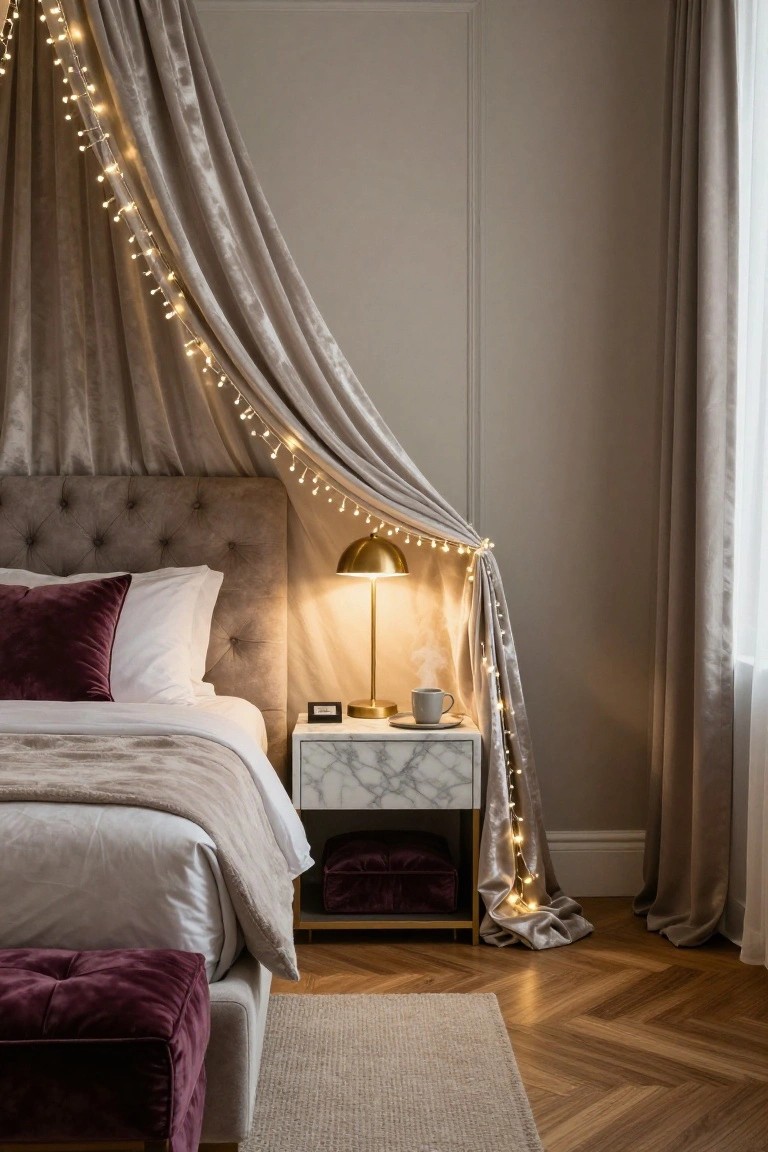 Bedroom featuring a tufted beige headboard with taupe velvet canopy drapes strung with fairy lights, white marble nightstand holding a gold lamp and teacup, purple pillows on the bed, and hardwood floors.