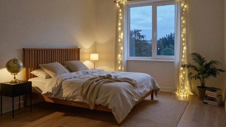 A cozy bedroom with a wooden bed frame, white linens and throw, bedside table with lamp and globe, potted plant, string lights draped along the wall near a window with sheer white curtains, and seagrass rug on wood floors.
