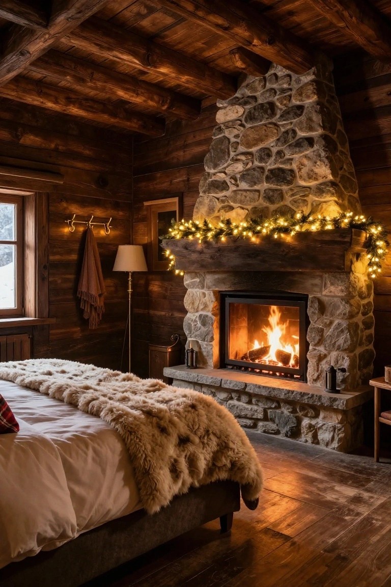 Wooden-walled bedroom in a chalet style with a stone fireplace featuring a garland of evergreen and fairy lights on the mantel, flames in the hearth, fur throw on the bed, lamp, towel rack, and snowy view through the window.