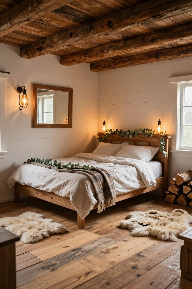 Cozy bedroom interior with wooden bed headboard draped in eucalyptus garland and flanked by Edison bulb wall sconces, white bedding, sheepskin rugs on plank floors, and exposed beam ceiling.