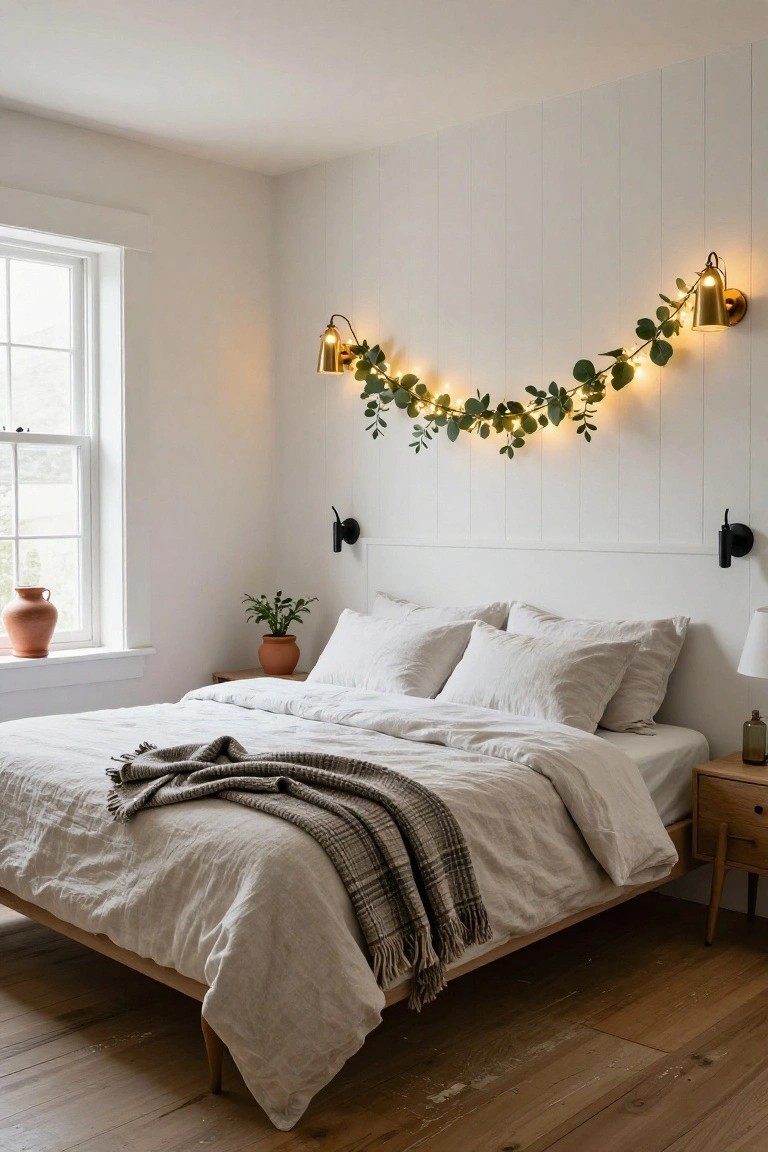 Bedroom with white shiplap wall featuring eucalyptus garland strung with fairy lights draped horizontally above a bed with white linen bedding and gray plaid throw, flanked by black sconces, plants on windowsill and nightstand, and oak wood floors.
