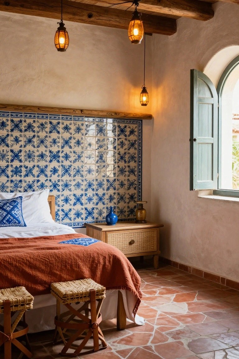 Bedroom interior featuring a wooden bed with orange blanket and blue pillow, blue tiled wall behind it, hanging lantern lights from wooden beams, nightstand with blue vase, rattan stools, arched green shuttered window, and terracotta tile floor.