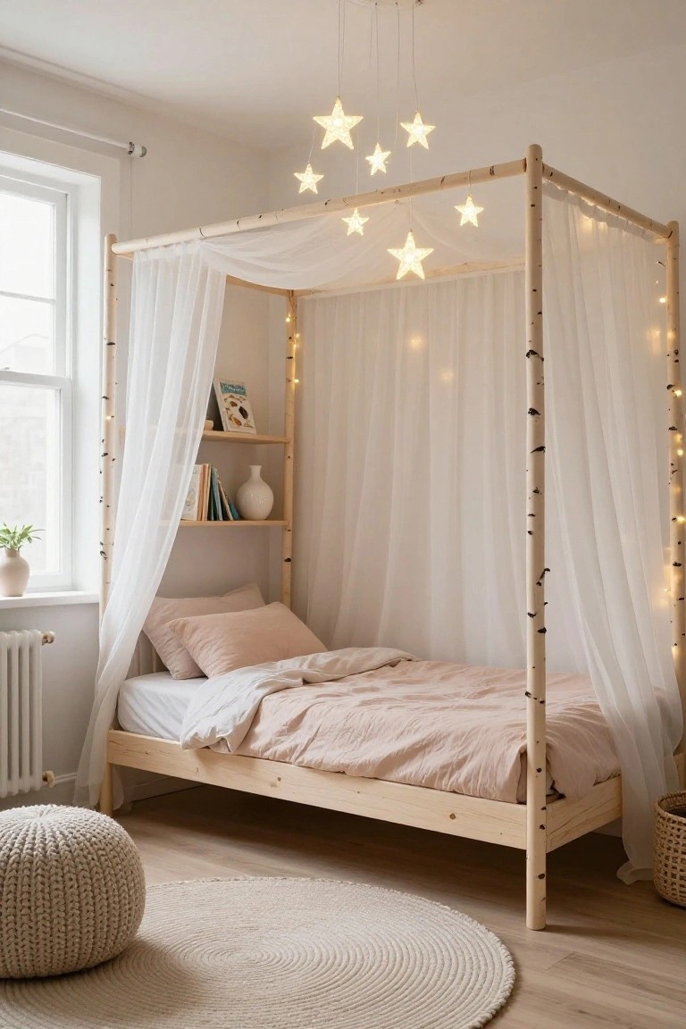 Birch wood canopy bed with sheer white curtains, pink bedding, built-in shelves holding books and a vase, fairy lights on posts, hanging star lights from ceiling, in a light bedroom with window and pouf stool.