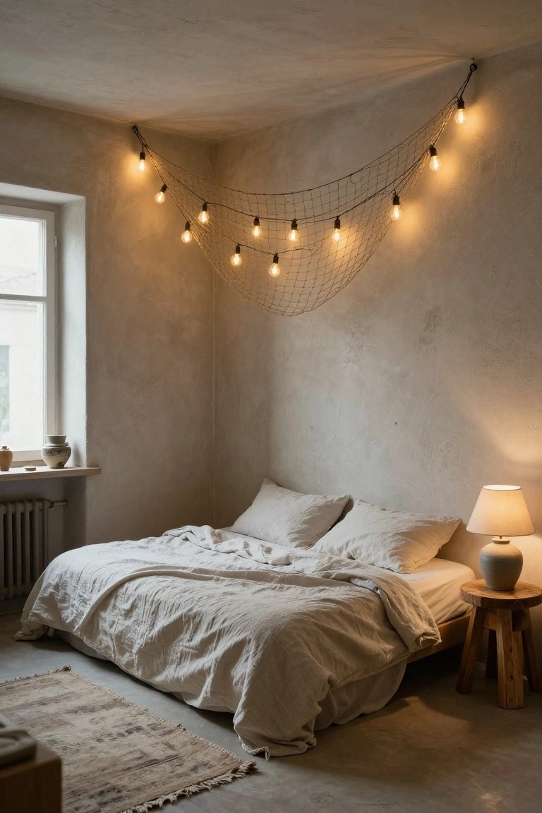 Corner of a beige bedroom with low platform bed covered in white linens, wooden stool bedside table with ceramic lamp, net of hanging warm string lights from ceiling, window sill with vases, and concrete floor with rug.