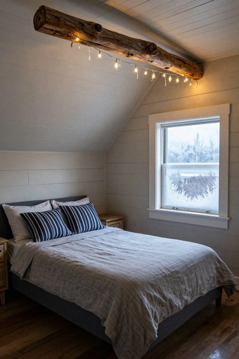 Cozy attic bedroom featuring a rustic wooden beam across the ceiling with dangling string lights, a bed with gray linens and navy striped pillows, wooden nightstand, white shiplap walls, and a double-hung window with frosty panes overlooking snowy trees.