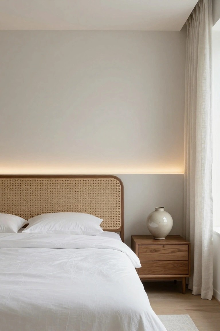 A minimalist bedroom with a rattan and wood headboard featuring a thin LED strip light glowing behind it, white bedding and pillows on the bed, wooden nightstand with white ceramic vase, sheer white curtains on a window, neutral walls, and light wood floors.