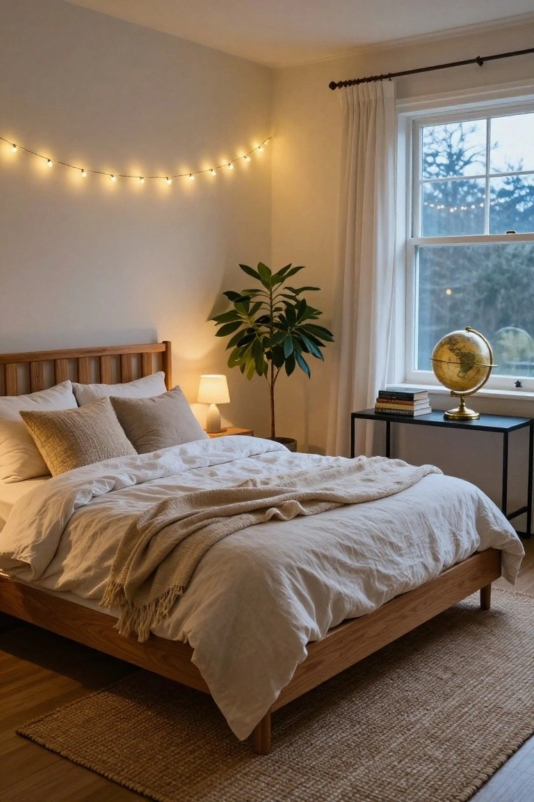 A cozy bedroom with a wooden bed frame, white linens and throw, bedside table with lamp and globe, potted plant, string lights draped along the wall near a window with sheer white curtains, and seagrass rug on wood floors.