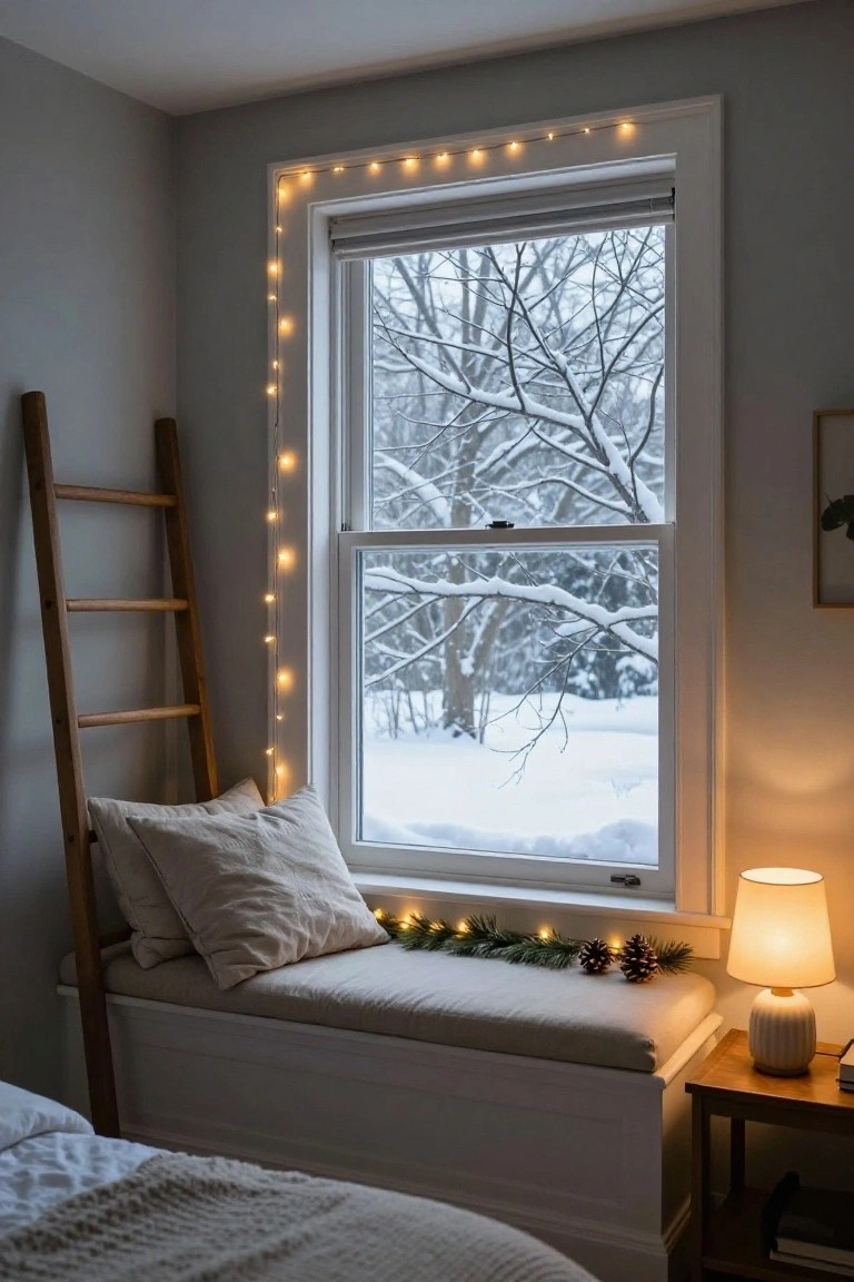 Bedroom corner showing a window seat with beige cushions and pillows, wooden ladder shelf, string lights outlining the window frame and draping over garland with pinecones on the seat, snowy trees visible outside, lamp and side table nearby.
