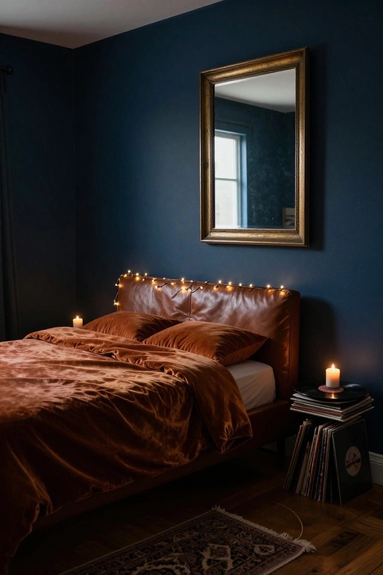 A bedroom with navy walls, a large gold-framed mirror, brown leather headboard draped in warm string lights, orange velvet bedding and pillows, two lit white candles on nightstands with stacked vinyl records beside one, and a patterned rug on wood floors.