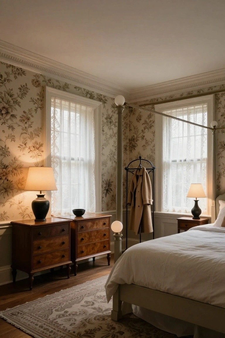 Corner of a bedroom featuring floral wallpaper, two wooden nightstands with black ceramic lamps and white shades, a white bed with pillows, a coat rack holding a beige coat, sheer curtains on two windows, and a patterned rug on hardwood floors.