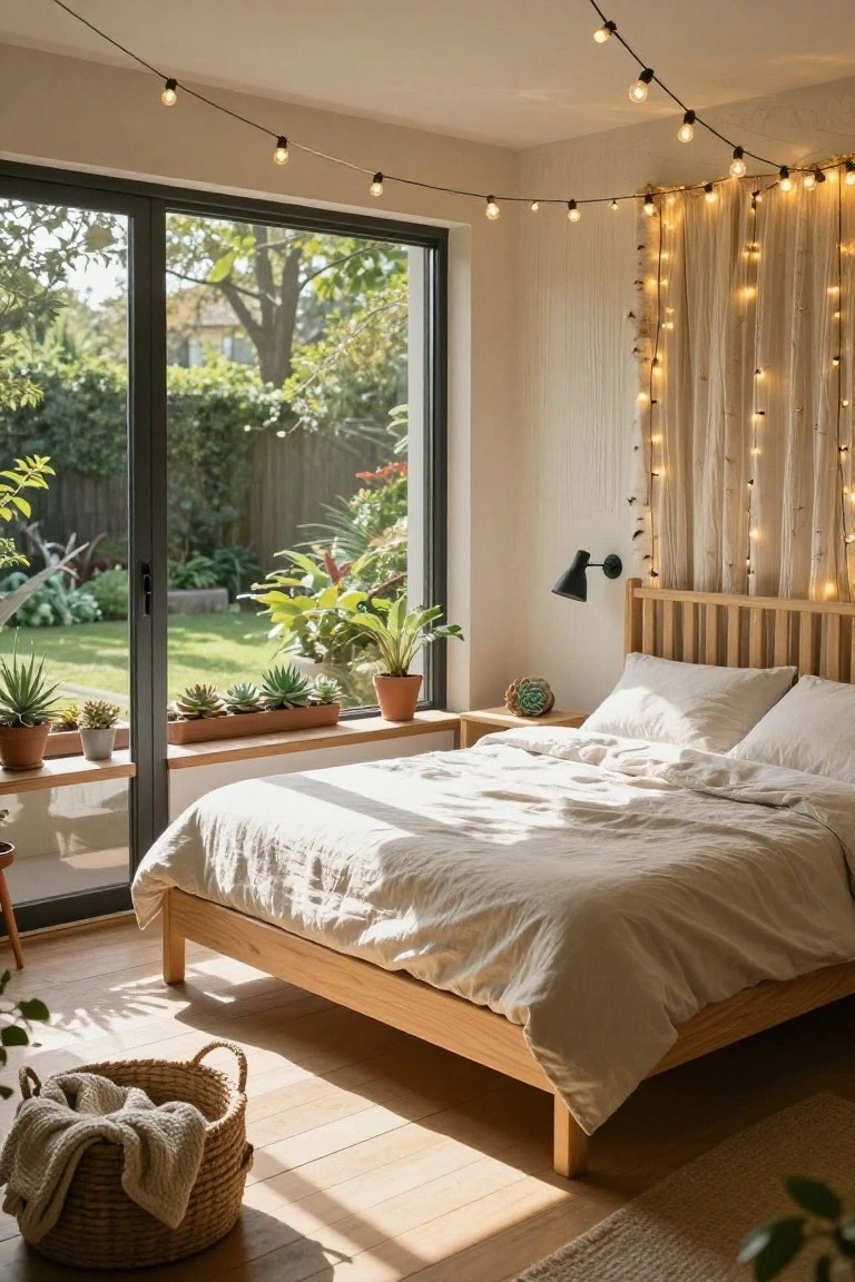 A bedroom with light wood bed frame and white linens, potted succulents on the windowsill, warm string lights draped from ceiling across walls behind the bed, and sliding doors to a garden.