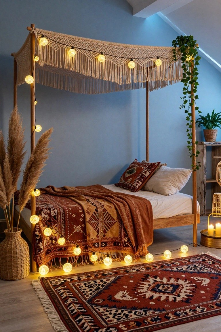 A boho bedroom with a wooden canopy bed draped in white macrame fringe and warm fairy lights, featuring patterned bedding, pampas grass, ivy plants, woven baskets, and a red-and-blue rug on light wood floors against a blue wall.