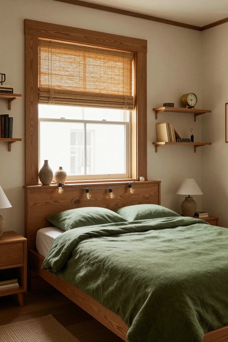A bedroom with a low wooden platform bed draped in green linen bedding, warm string lights with exposed bulbs along the headboard, floating oak shelves holding books and vases, nightstands with lamps, and a large window covered in bamboo shades.