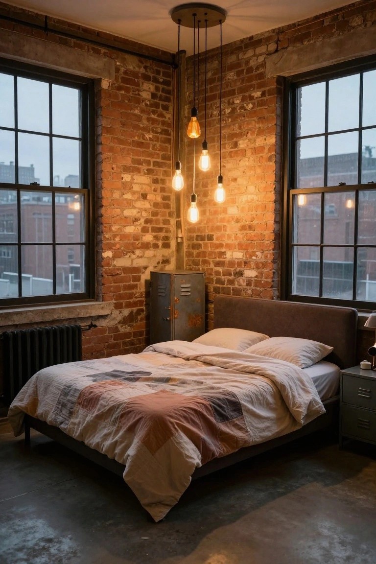 Loft-style bedroom corner with exposed brick walls, platform bed with patchwork quilt and white pillows, gray upholstered headboard, hanging cluster of four Edison bulb pendants, metal locker cabinet, radiator, and large black-framed windows.