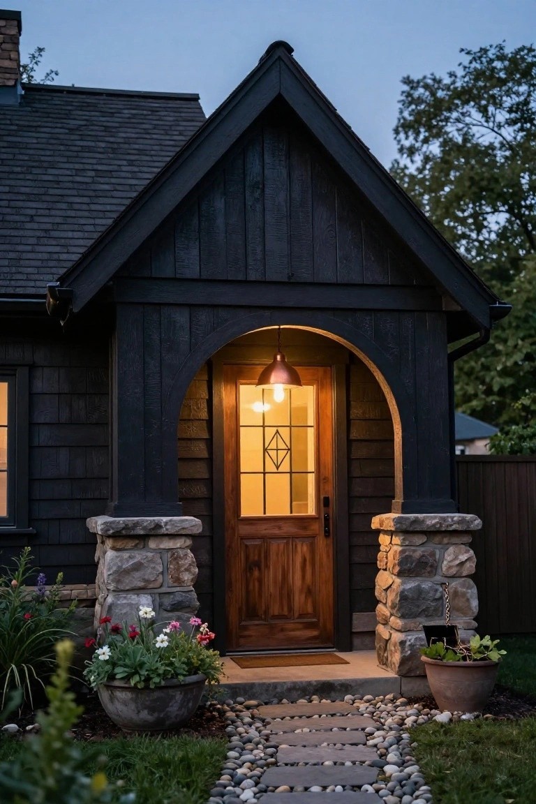 Front view of a small dark shingled cottage with an arched wooden entry door supported by stone pillars, warm interior light glowing through the glass, potted flowers nearby, and a stone path edged with gravel at dusk.