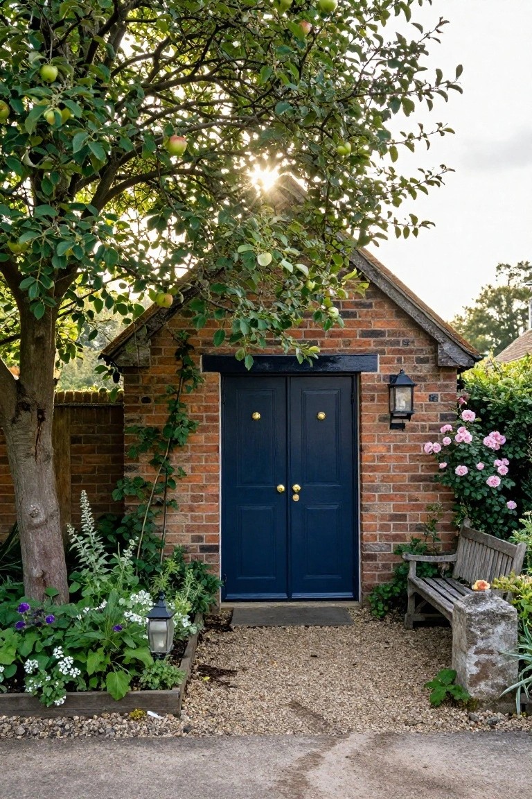 Small brick outbuilding with dark blue double doors, ivy on the wall, lantern light beside the entrance, apple tree overhead, plants and wooden bench nearby.