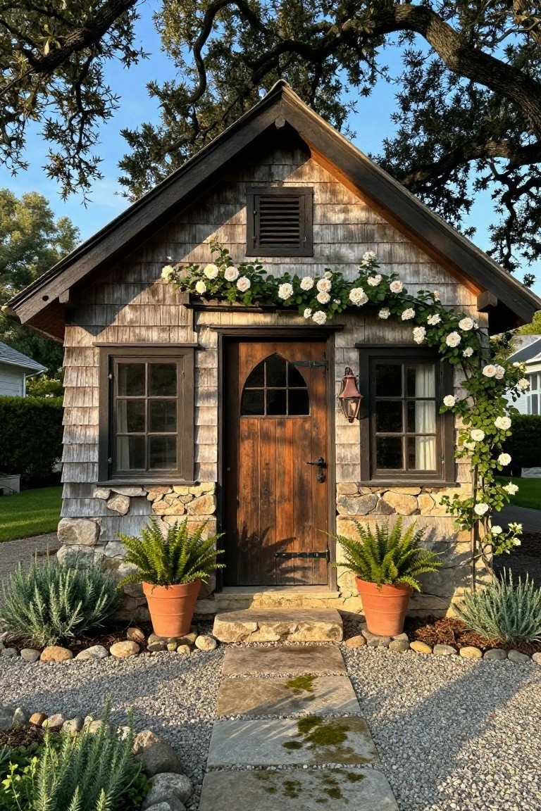 Small rustic shingle-sided cottage with dark wood arched door, black-framed windows, climbing white roses on one side, stone foundation, potted ferns, agaves, and stone steps on gravel path.