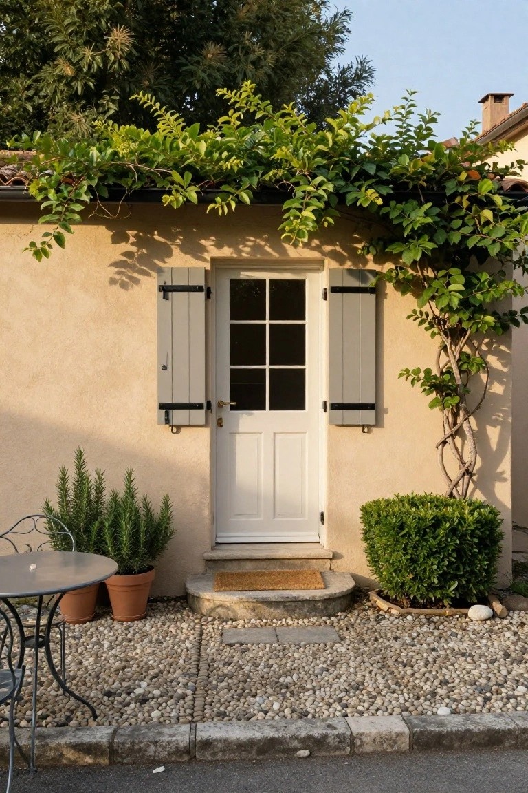 Beige stucco cottage facade with white six-pane door, open gray louvered shutters, climbing green vines overhead and alongside, potted rosemary and succulents, small metal bistro table with plants, gravel ground, and stone steps.