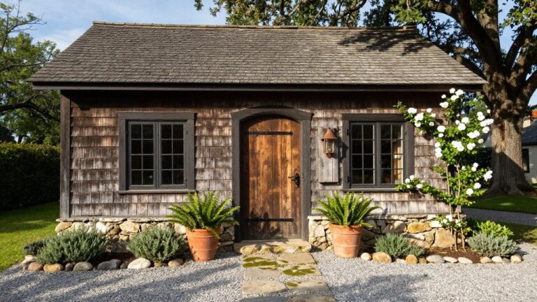 Small rustic shingle-sided cottage with dark wood arched door, black-framed windows, climbing white roses on one side, stone foundation, potted ferns, agaves, and stone steps on gravel path.