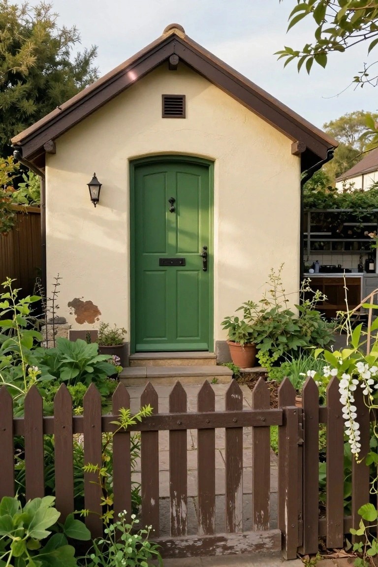 A small single-story beige stucco cottage with brown trim and roof featuring a tall arched green front door, black lantern light, steps, potted plants, and a wooden picket fence in a garden setting.