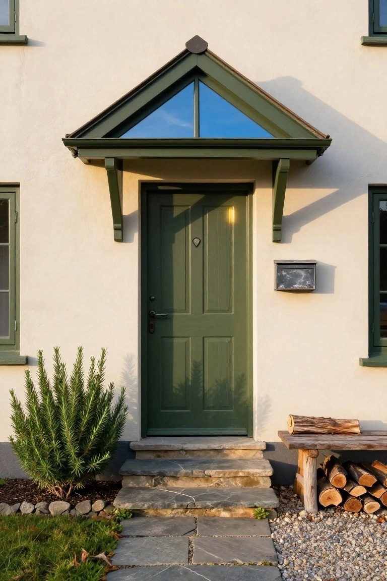 Cream stucco house facade with dark green paneled front door under a small gabled green porch roof with glass panels, flanked by green-framed windows, stone steps, rosemary shrubs, and a stack of firewood on a bench.