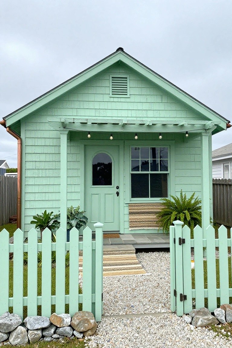 Small mint green shingled cottage with gabled roof, covered porch strung with lights, arched green door, potted plants, white picket fence, and gravel path edged by rocks.