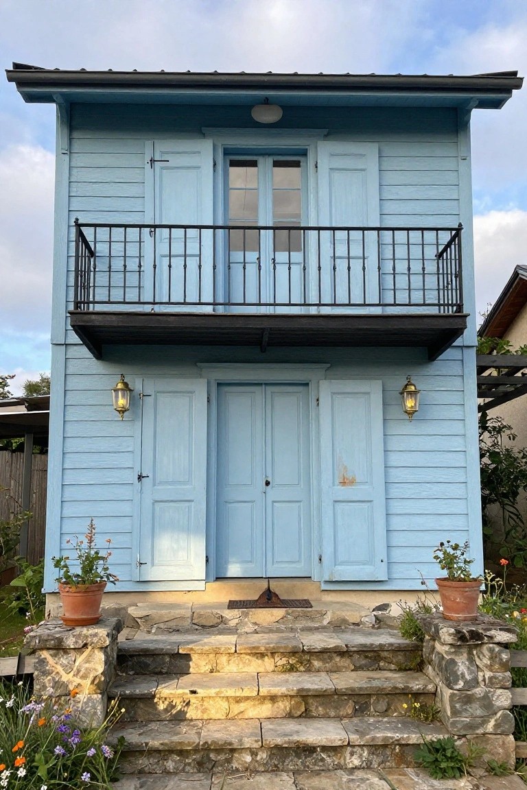 A two-story light blue clapboard house with wooden shutters, a black metal balcony, double front doors, wall lanterns, stone entry steps flanked by potted plants, and wildflowers nearby.