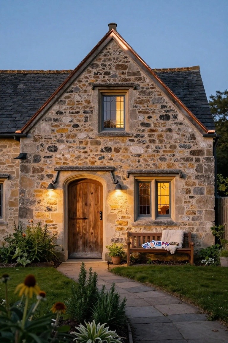 Stone cottage exterior at dusk with arched wooden front door, wall lanterns, leaded glass windows, wooden bench with blankets and magazines, potted plants, flower beds, and stone path.