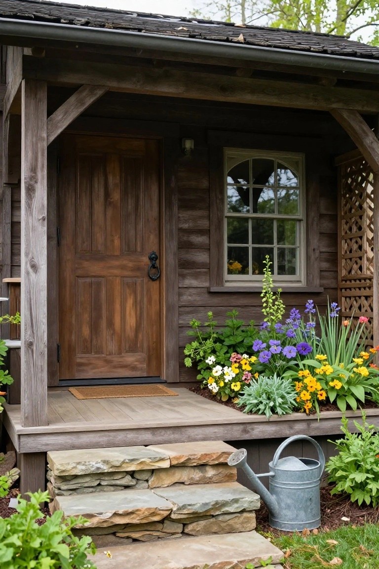 Rustic wooden cabin exterior featuring a dark paneled door under a covered porch with timber posts, natural stone steps leading to a wooden platform, surrounded by colorful flower beds and plants, with a metal watering can on the ground.