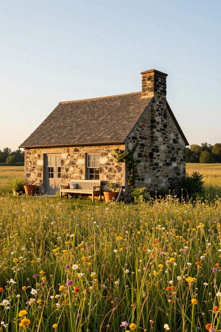 A small fieldstone cottage with slate roof, stone chimney, double gray doors, two windows, wooden bench, potted plants, and ivy, set in a wildflower field at dusk.