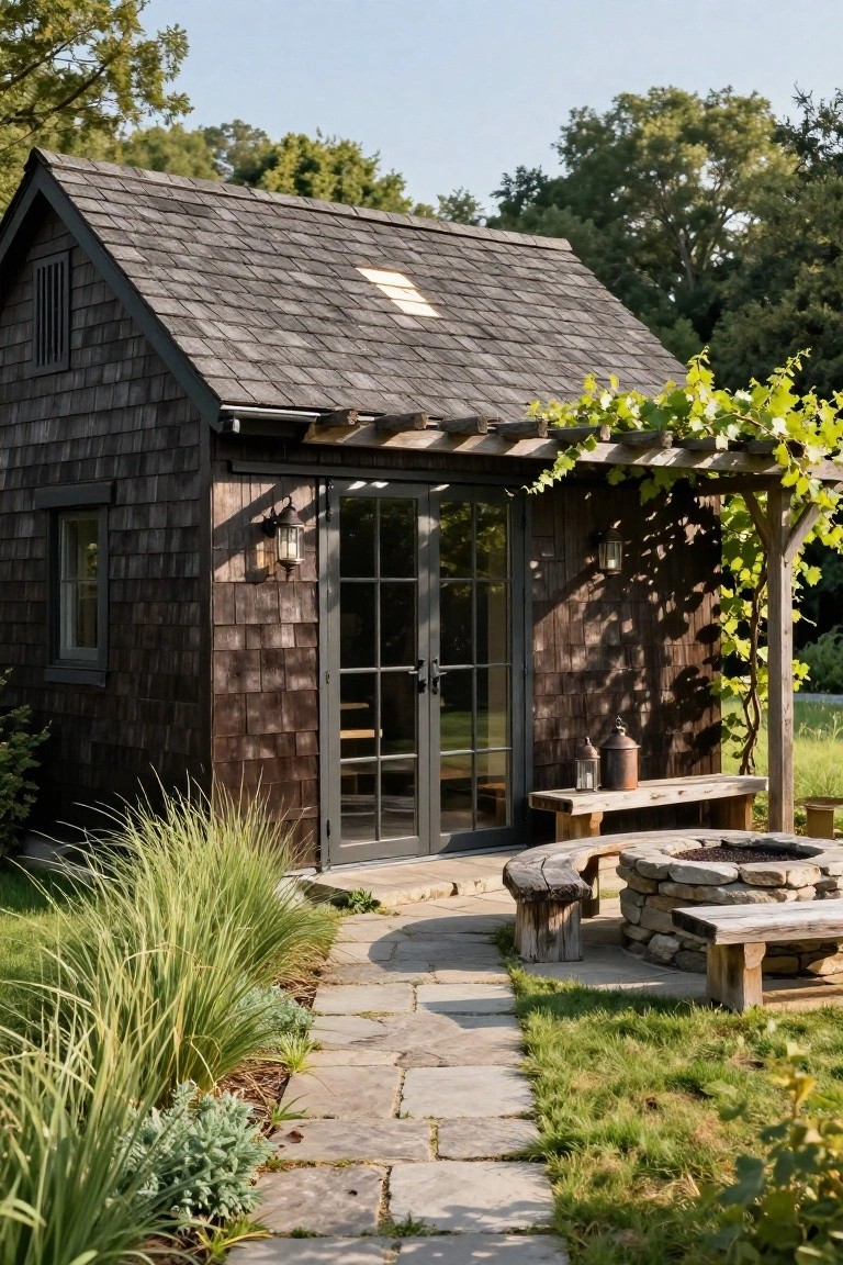 Small dark shingled cottage with pitched gray roof and louvered window, vine-covered wooden pergola over French doors, wooden benches and stone fire pit nearby, stone path edged with grasses and plants, trees in background.
