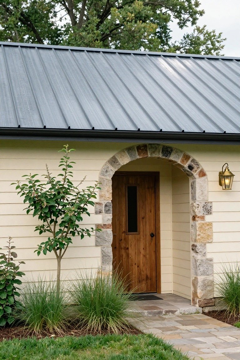 Beige siding cottage with gray metal roof, stone arched entry with wooden door and small window, lantern light, plants, and stone pathway leading to the door.