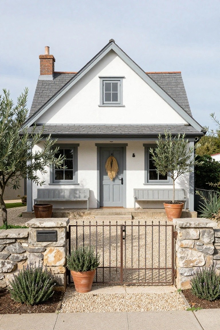 White single-story cottage with grey slate roof, blue front door, grey benches on porch, olive trees in pots, iron gate in stone wall, and gravel path.