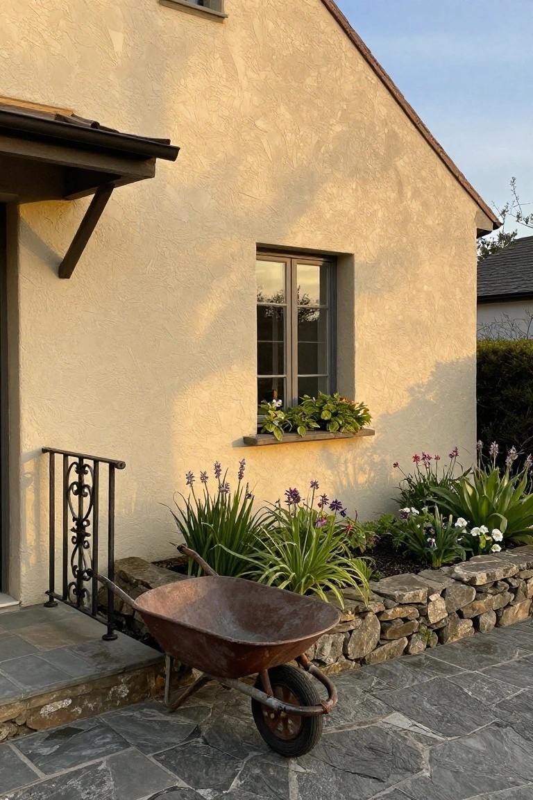Rusty wheelbarrow propped against a dry stone wall edging a garden bed with purple agapanthus, green leafy plants, and white-flowered succulents next to a beige textured stucco house wall, window with planter box, black iron railing, and gray slate stone patio.