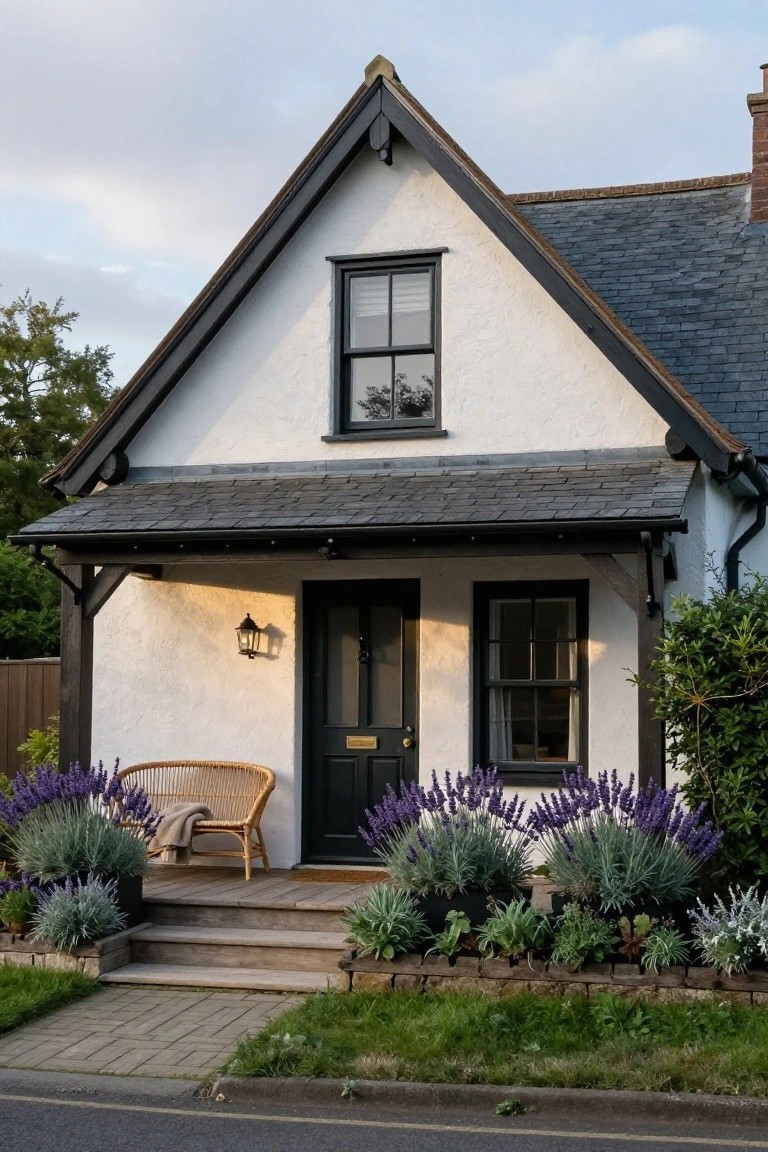 White rendered cottage house with black timber framing, gabled slate roof, covered porch with rattan chair and throw blanket, dark front door, lantern light, flanking windows, lavender and silver-leaf plants in borders, stone steps, and path to street.