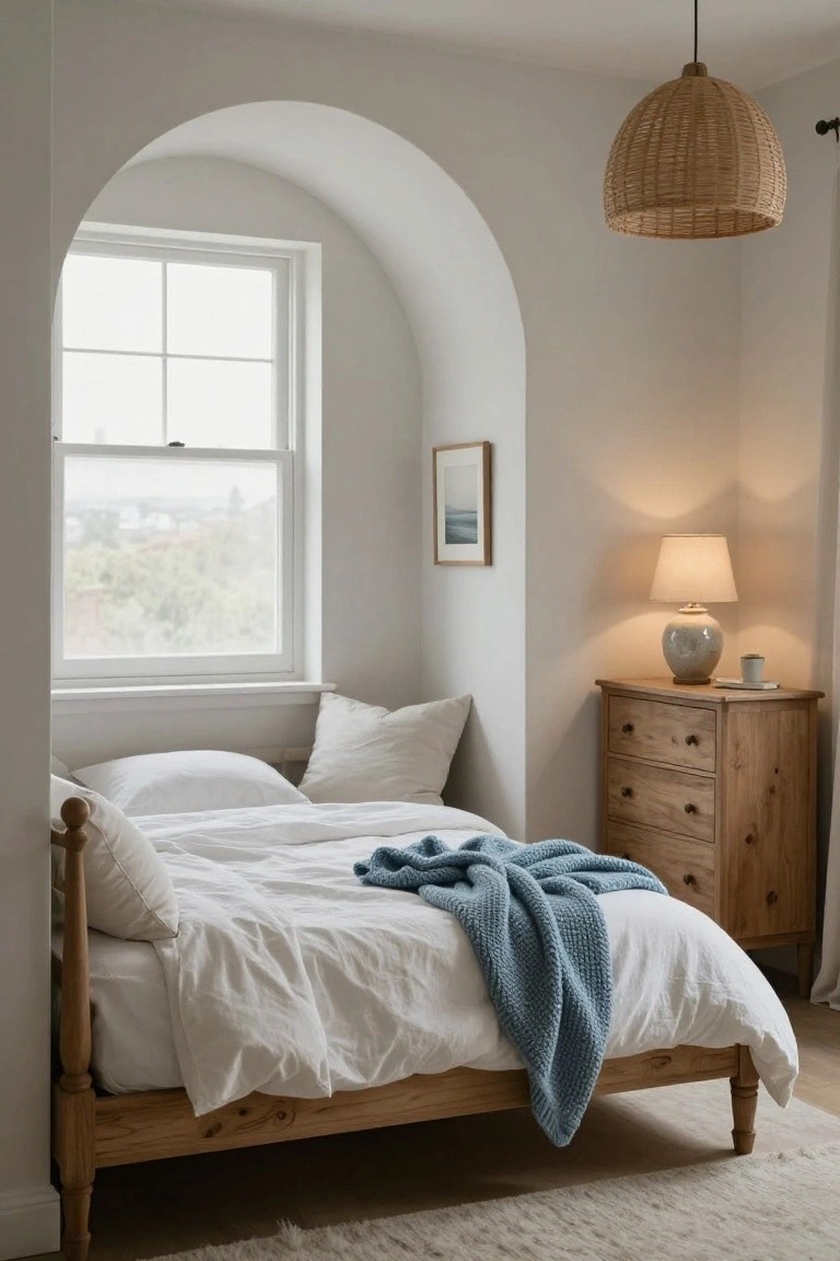 Bedroom featuring a wooden bed with white linens and blue throw under an arched window, beside a wooden dresser with lamp on light gray walls.