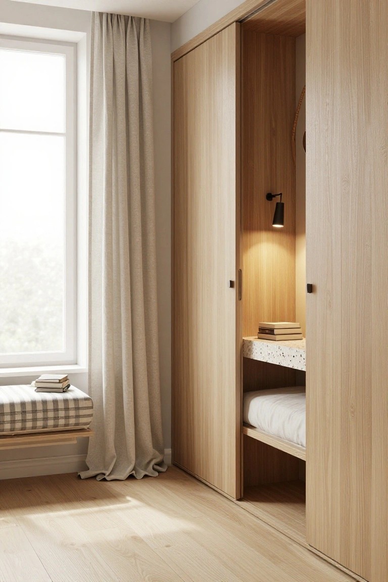Open sliding light oak wardrobe doors revealing an interior nook with stacked books on shelves, a speckled countertop, a small white mattress below, and a black wall lamp, beside a window with beige curtains and a separate cushioned window seat with books.