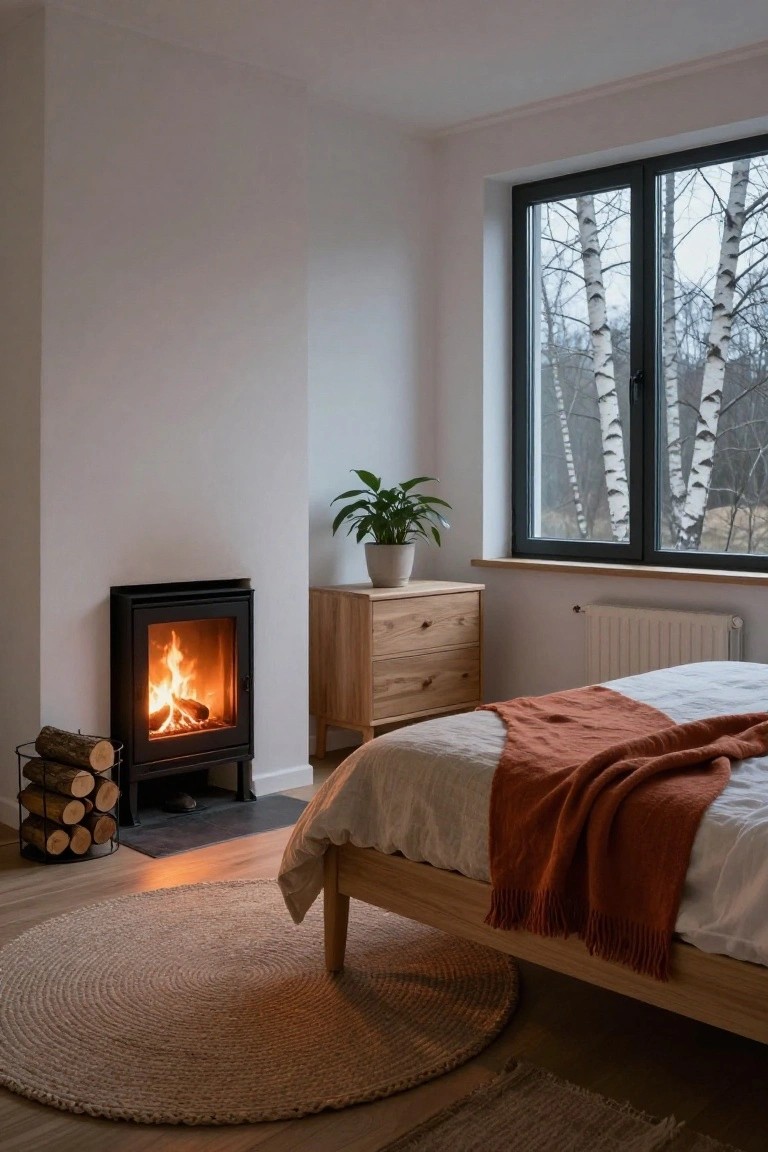 Freestanding black wood-burning stove with fire lit in a minimalist bedroom next to a wooden bed draped in an orange throw, wooden nightstand, potted plant, radiator, and large window showing birch trees outside.