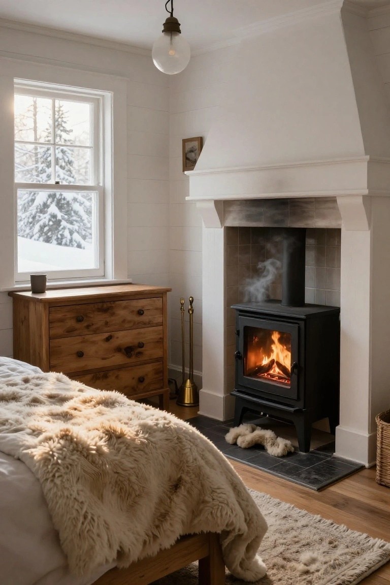 Cozy bedroom interior featuring a black wood-burning stove with visible fire, wooden bed draped in light fur throw, wooden dresser, and large window showing snowy pine trees outside.